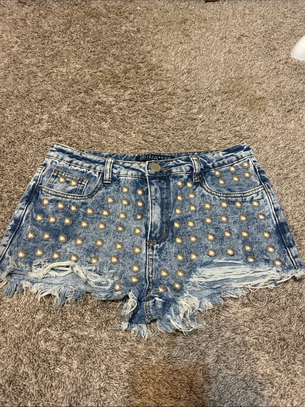 Boom Boom Jeans Studded Acid Wash Denim Shorts Size 9 Blue High Rise